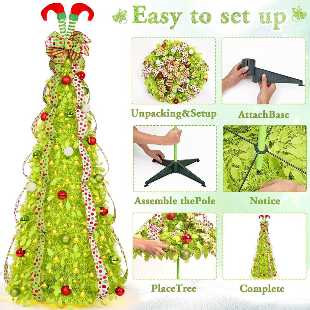 6FT Pre-lit Pop-Up Christmas Tree with 200 Lights, Foldable Xmas Tree for Indoor Outdoor Decor