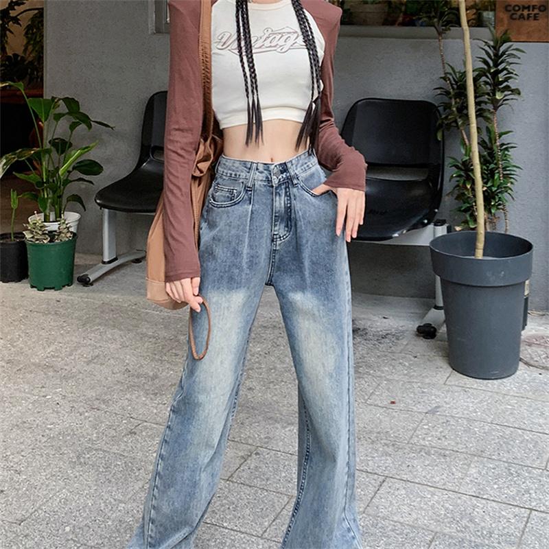 Herbst Winter Hohe Taille Streetwear Vintage Pendeln Wind Casual Damen Denim Breite Bein Hosen Verdicken Warme Baggy Gerade Hosen Frauen