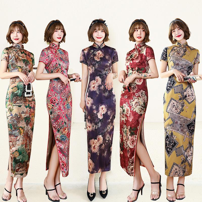 1011 New summer and autumn long cheongsam skirt women's dress slim-fit performance performance Chinese style satin