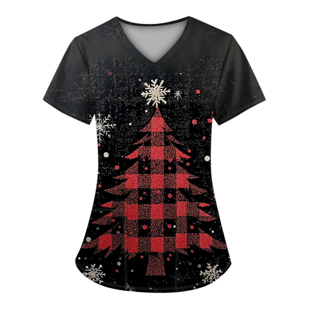 Women's Short Sleeve Christmas Printed V-Neck Pocket Uniform Top
