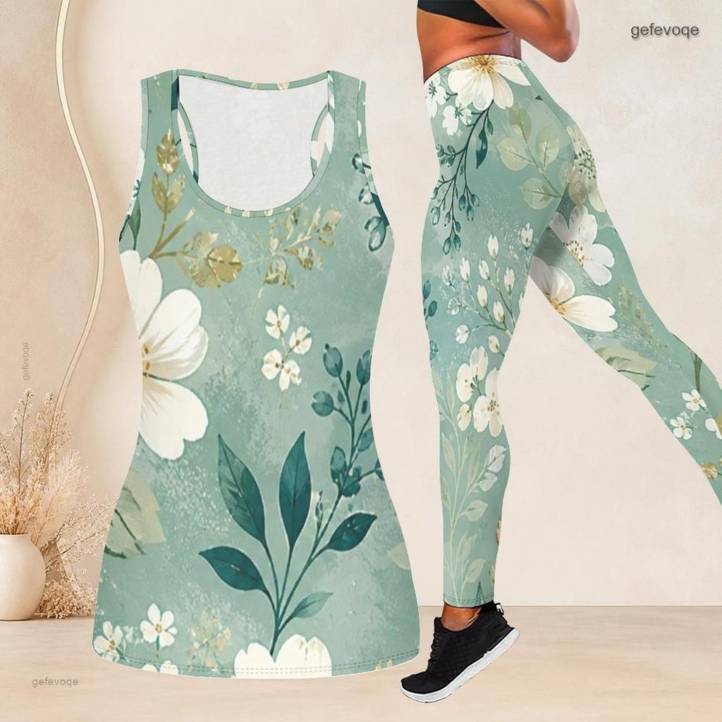 Women Plus Size Two Piece Set Scoop Neck Sleeveless Sage Green Floral Printed Tank Top Fitted Pants