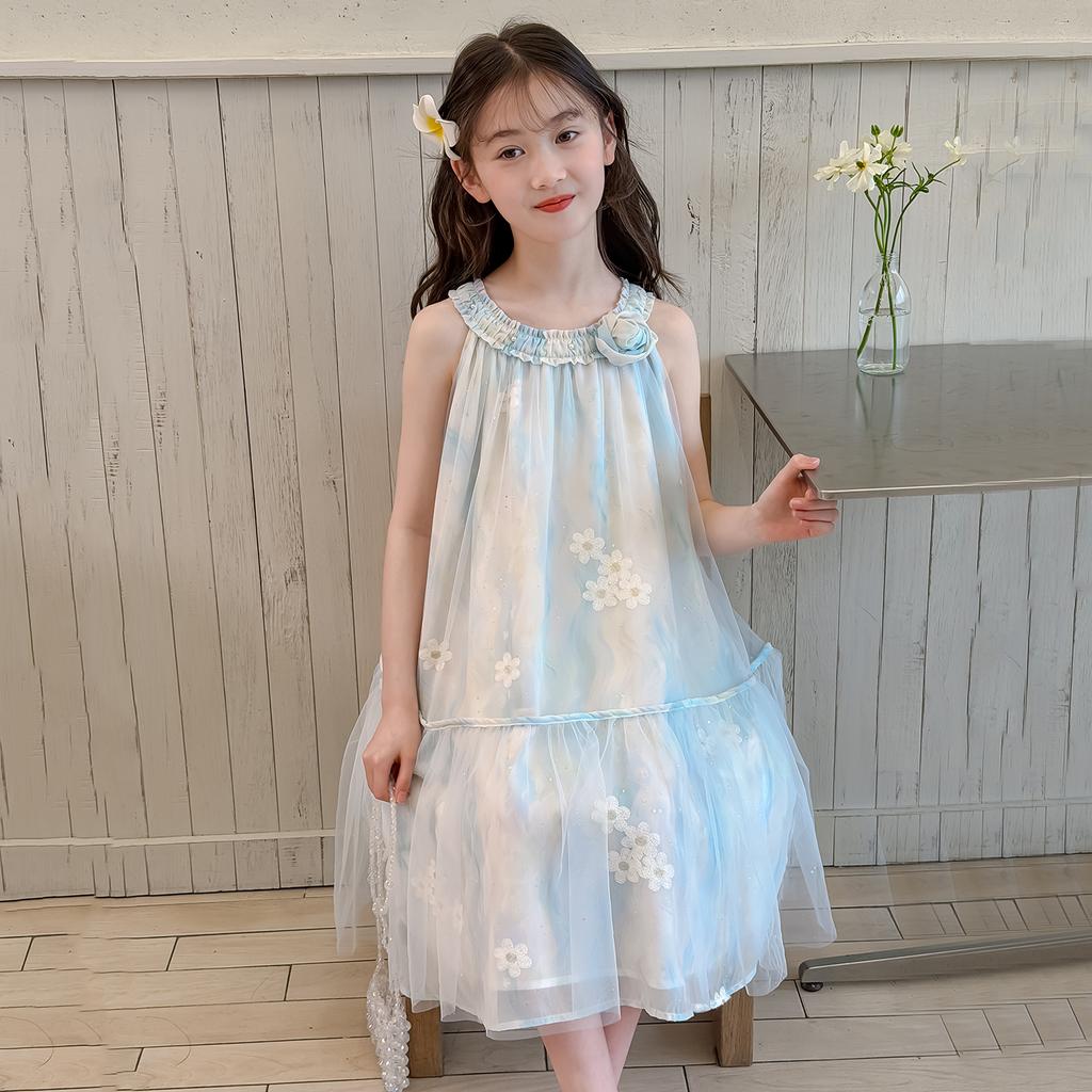 Girls' Sleeveless Dress, Summer Neck Hanging, Stylish Chiffon Dress, 2026 New Item, Medium To Large Children's Mesh Dress, Korean Version