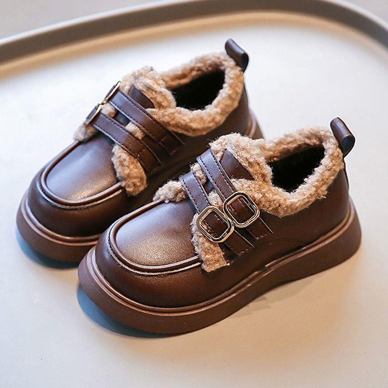 Girls' velvet small leather shoes 2025 autumn and winter new boys' lamb wool soft-soled cotton shoes British style warm princess shoes