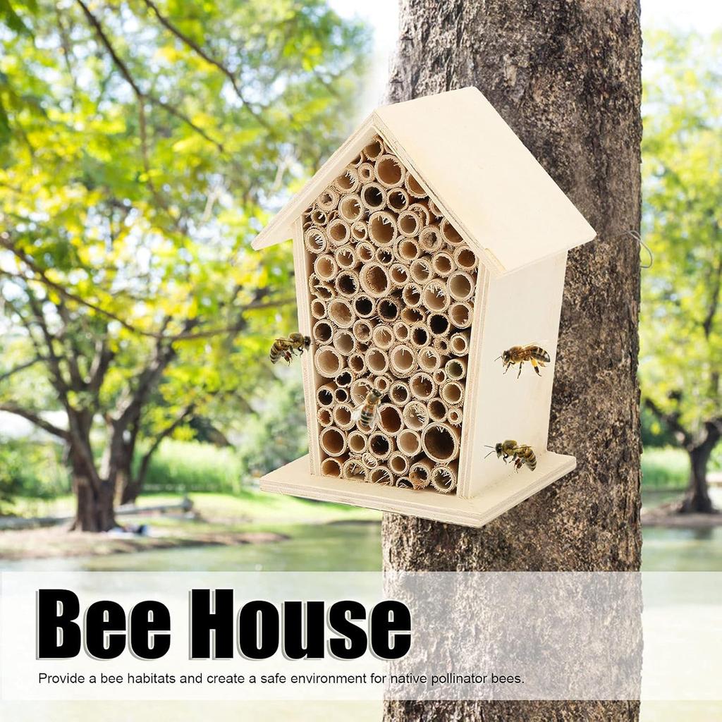 2PCS Wooden Bee House, Wood Bee Room Shelter, Wooden Hotel, Lovely Outdoor Bee Home, Garden Decoration for Outdoors Attracts Bee Pollinators