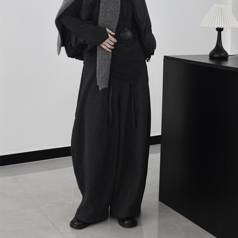 Dark High-Waist Striped Wool Wide-Leg Pants for Women - Autumn/Winter Style L