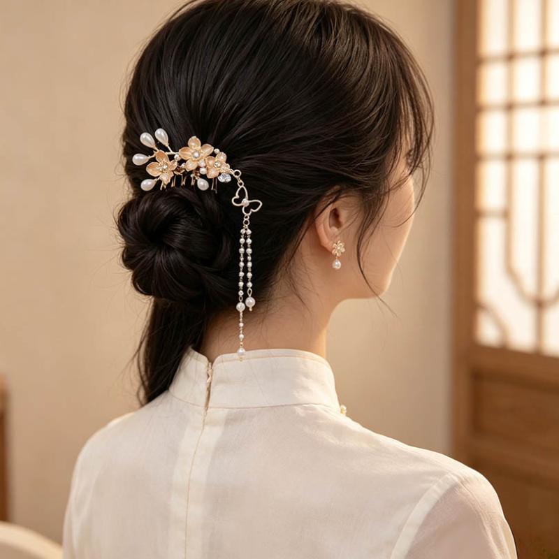 Chinese Tassel Hair Comb Floral Pearl Tassel Hairpin Vintage Hanfu Hairpin Retro Hair Accessory For Women Party Cosplay Decor