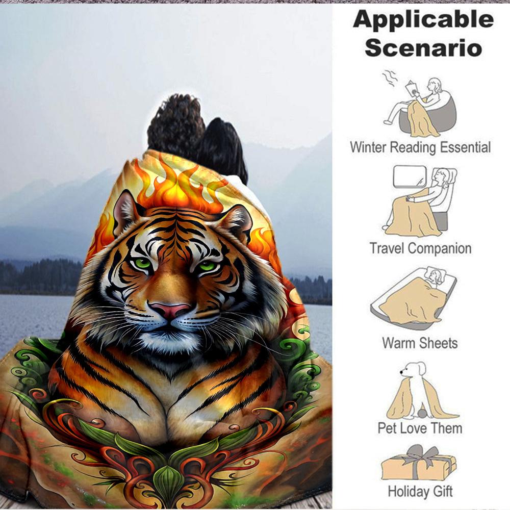 1pc Tiger Flame Design Blanket Lightweight Flannel Blanket Throw Blanket For Sofa, Bed, Travel, Camping, Livingroom, Office, Couch, Chair, And Bed yy2