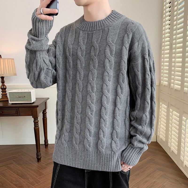 Herbst- und Winter Zopfmuster Pullover Herren Herbst- und Winter Innen mit Rundhals Unterziehstrickpullover Herren Langarm Faden