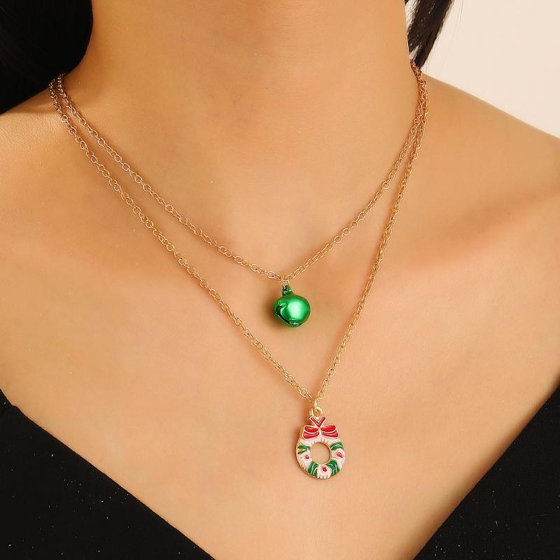 Double Layer Christmas Necklace Santa Bell Tree Reindeer Pendant Collarbone Chain Festive Holiday Jewelry Gift for Women