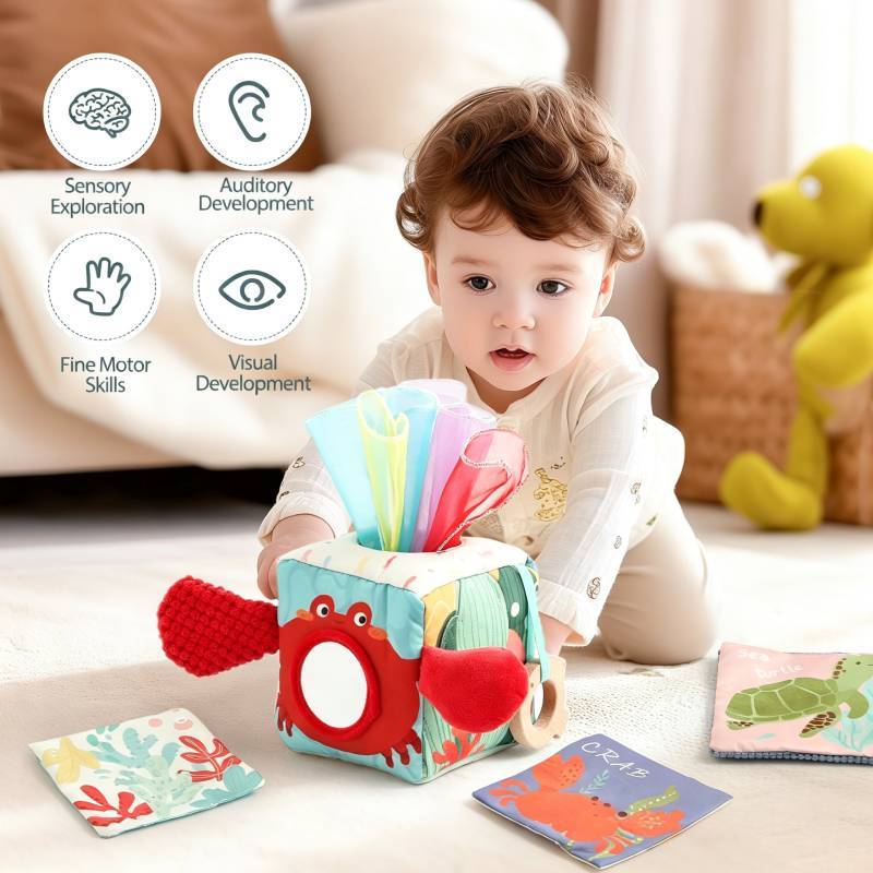 Cotton Crab Tissue Box With Sensory Toys For Kids Handeye Coordination And Cognitive Development