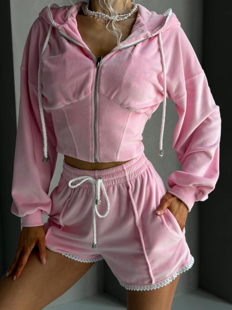 1116 Summer Casual Women's Velvet Color Matching Line Pocket Long Sleeve Cardigan Jacket Shorts Two-piece Set