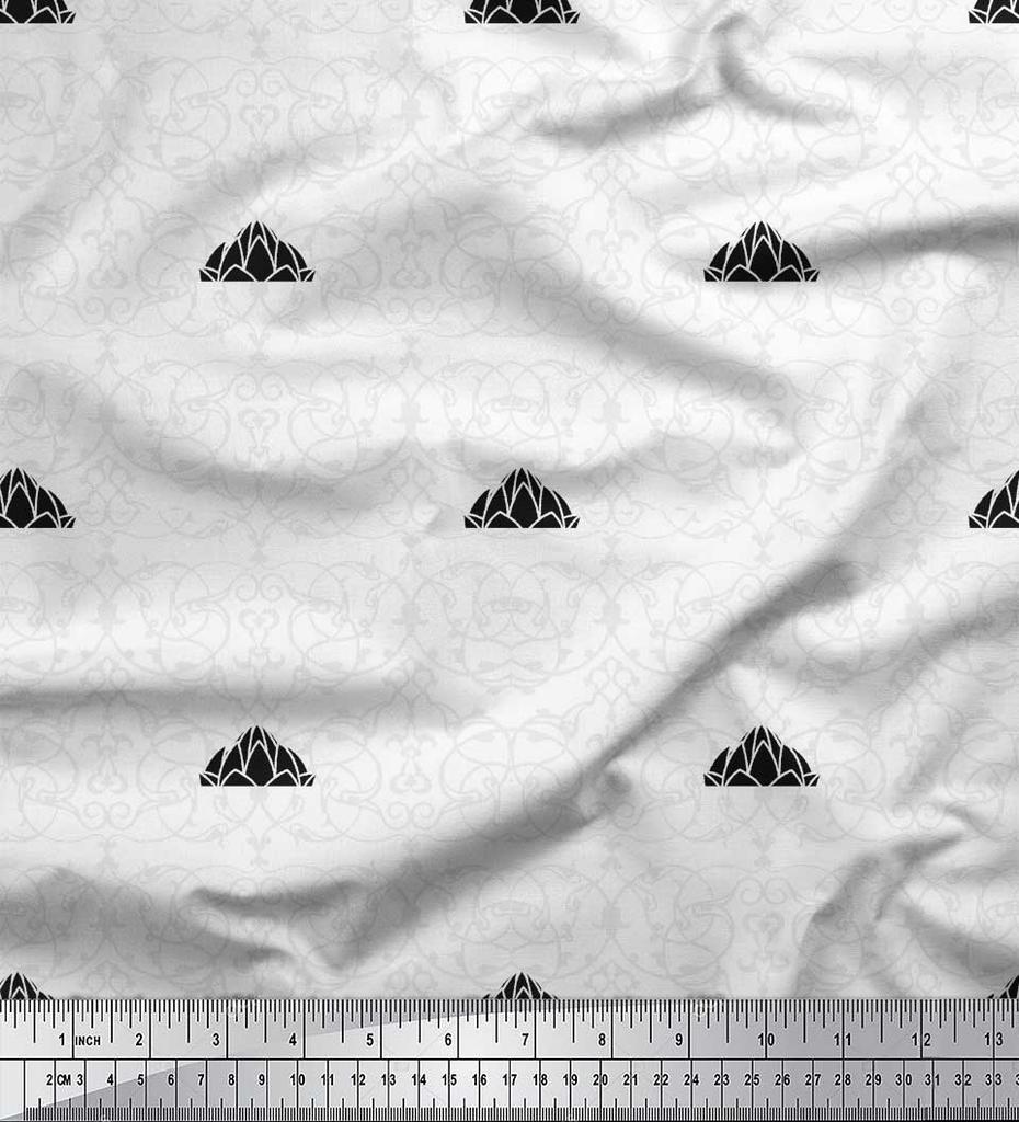 Soimoi Black Japan Crepe Satin Fabric Damask & Lotus Temple Architectural Print Fabric by the Metre 42 Inch