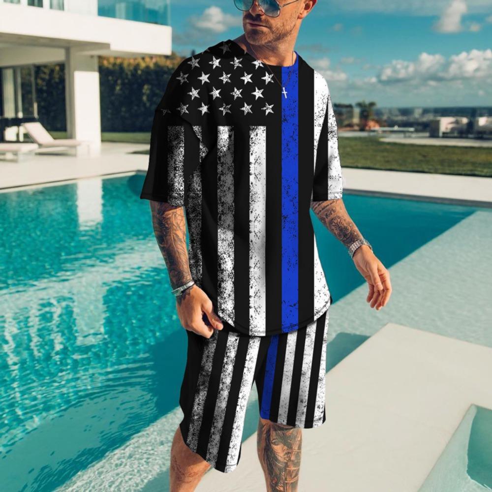 New Vintage Style Men's Beach Shorts Set 3D USA Flag Print Short Sleeve T-shirt+Shorts 2 Pcs Set Summer Oversized Tracksuit Suit