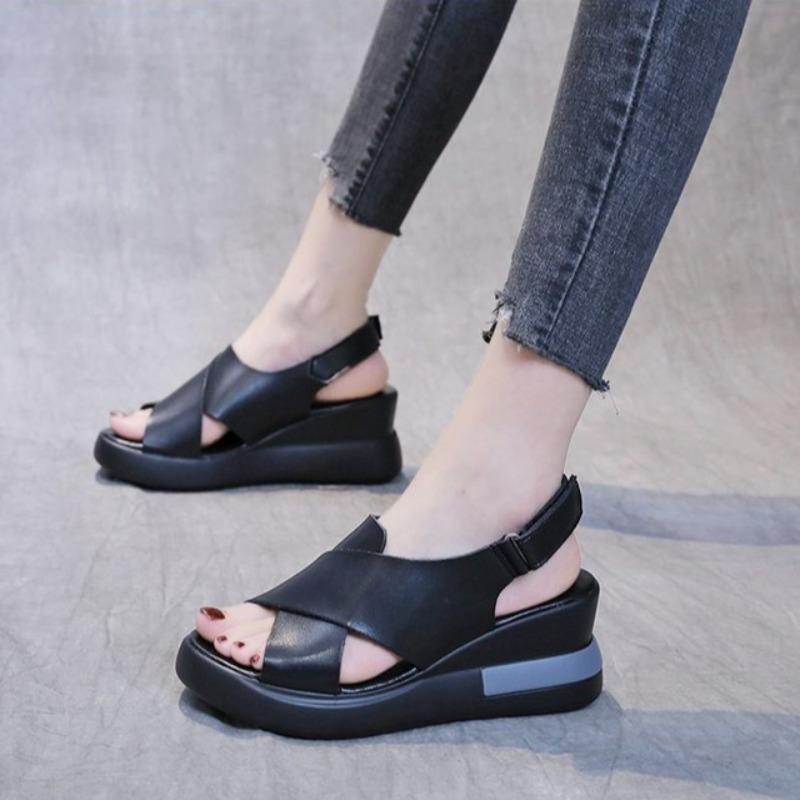Women Soft Leather Peep Toe Thick Sole Muffin Wedge Sandals