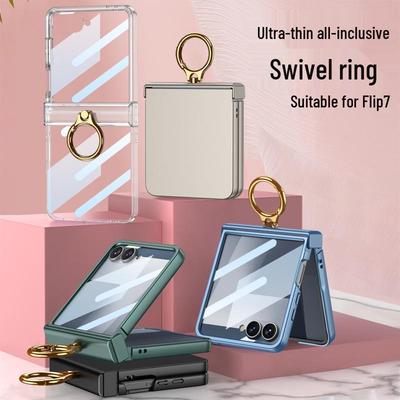 Samsung Z Flip7 Plně kryjící jednobarevné pouzdro s ochranou pantu a vestavěným kroužkovým stojánkem