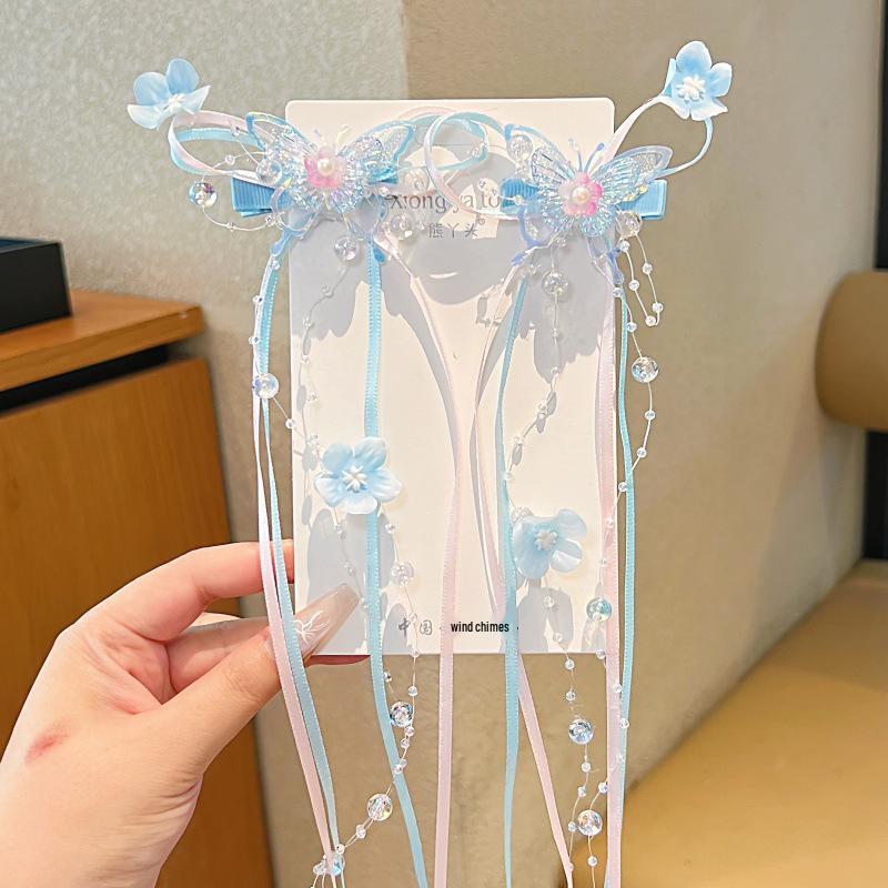 Girls  Streamer Hair Clips: Ribbon Bow & Tassel Double Hairpins синий пары