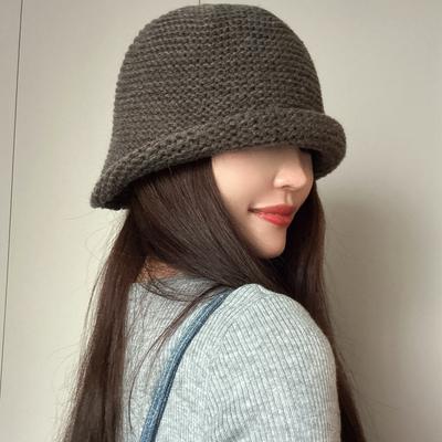 Japanischer und koreanischer Herbst Wollstrick-Bucket-Hut Damen Retro Gekrempelter Überzieh-Hut Warm Großer Kopf Fischerhut