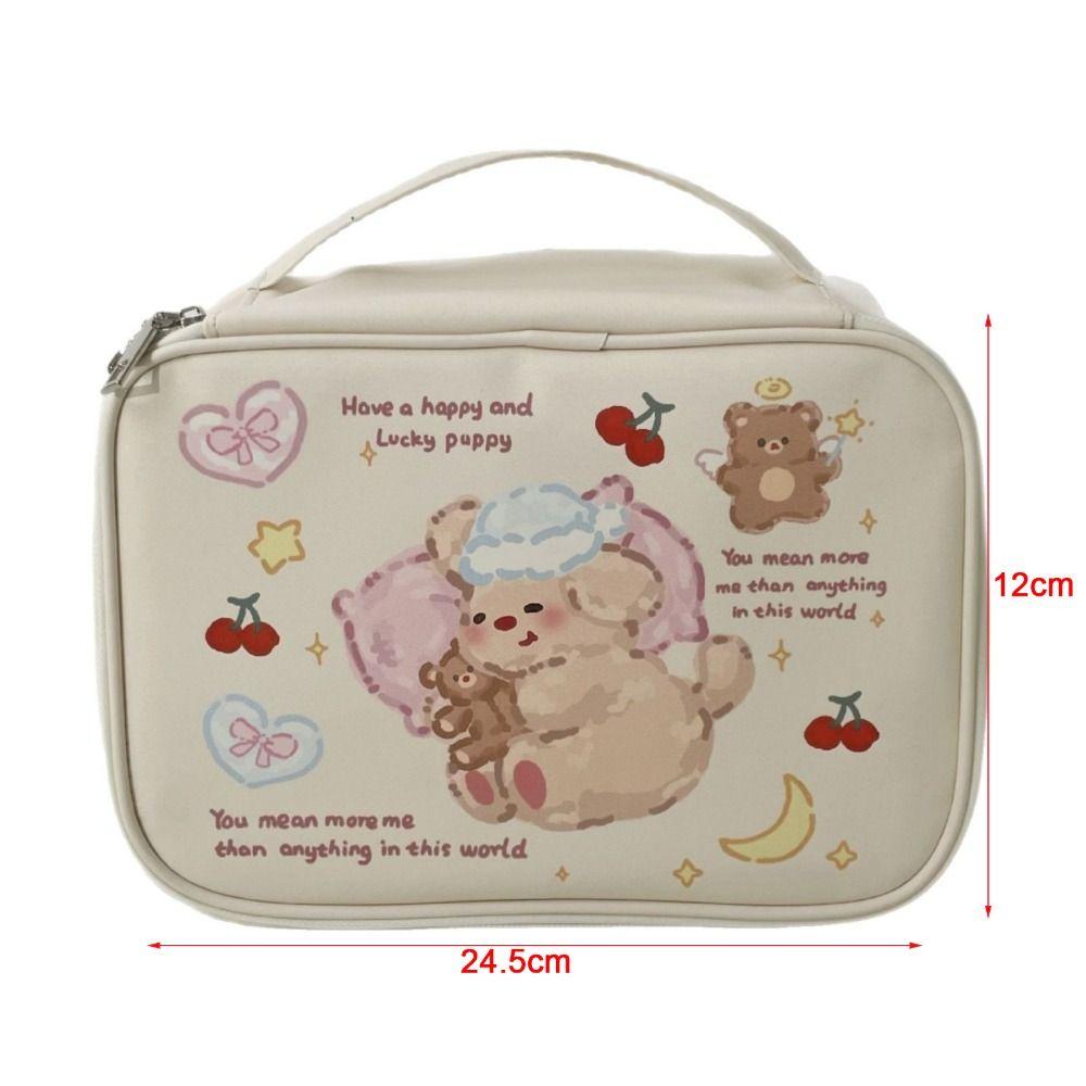 Portable Cartoon Print Sorting Cosmetic Bag Large Capacity with Handle Makeup Bag Square PU Travel Toiletry Bag