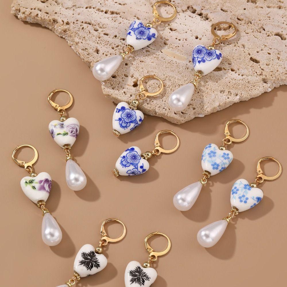 Ceramics Pearl Dangle Earring Handmade Flower Beaded Earring Gift