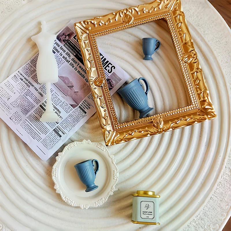 1Pcs Dollhouse French Retro Mini High Foot Relief Mark Coffee Cup With Handle Miniature Scene Decoration High End Stemmed Mugs