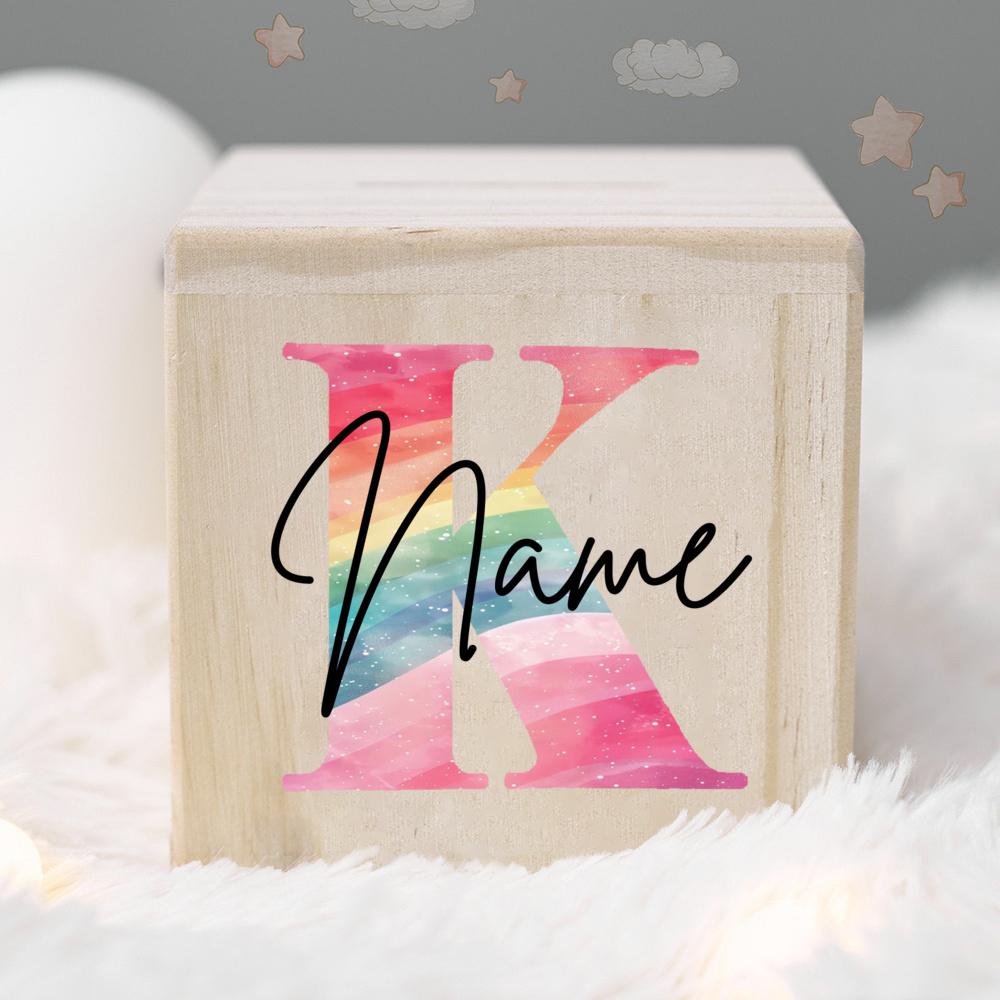 Personalized Money Box Kids Money Boxes Rainbow Letter with Name Coin Collection Box Wooded Coin Bank Child Birthday Shower Gift
