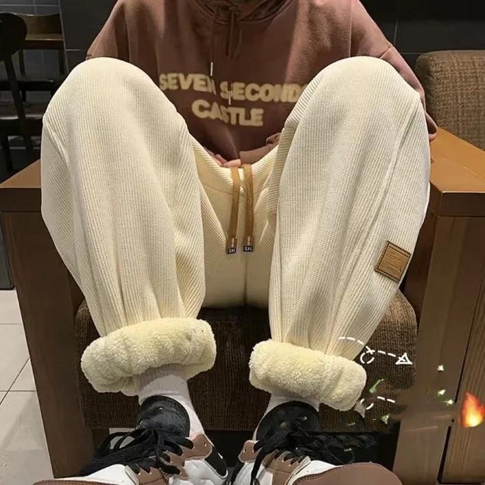 Winter Men Pants Lamb Corduroy Men's Padded Trousers Korean Men's Large 6XL Sport Plush Thickened Casual Men's Trousers