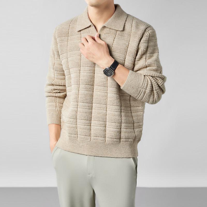 Męski modny sweter z długim rękawem i kołnierzem typu kent - Wiosna i Jesień