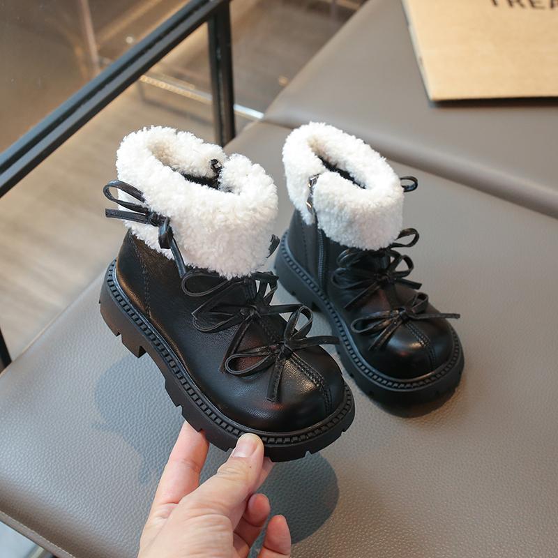 Girl's Shoes Children's Short Boots Winter Fleece-lined Little Girl Leather Warming Cotton Boots
