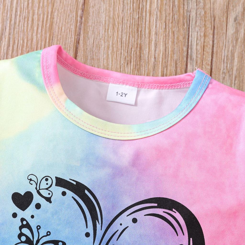 Girls Summer Outfit New Tie Dye Heart Print Short Sleeve Top  Shorts Set Casual Style