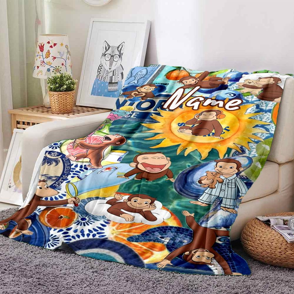 Custom Name Curious George Adventure Party Blanket For Couch Bed Plush Cozy Fuzzy Blanket Super Soft Warm Blankets For Fall And Winter 0916214