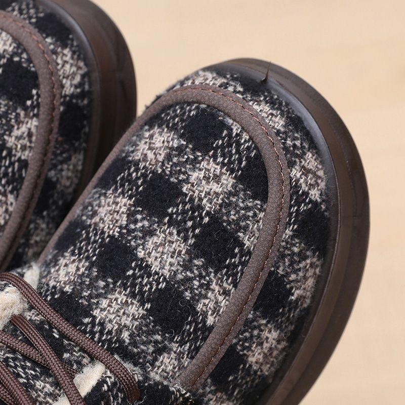 Women's Snow Plaid Autumn New Plush Inner Lining Women's Cloth Shoes Retro National Style Low Heel Fleece Shoes