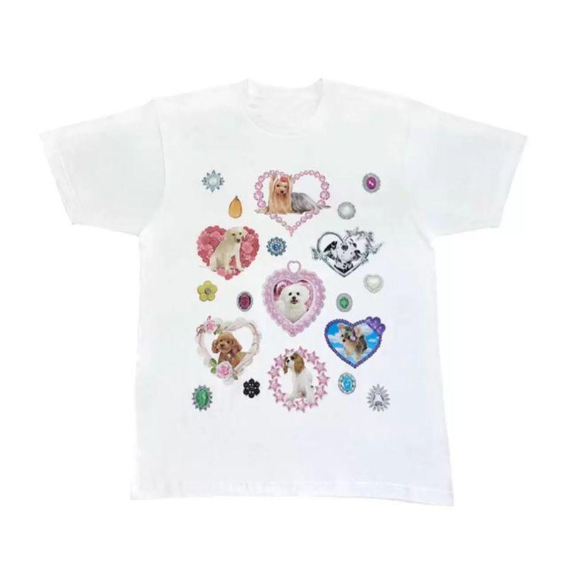 

NAMI Yu Shuxin Same Style White Diamond Dog Girly Style Pure Cotton Short Sleeve T-shirt Easiest for Match Casual Loose Top White dog. L