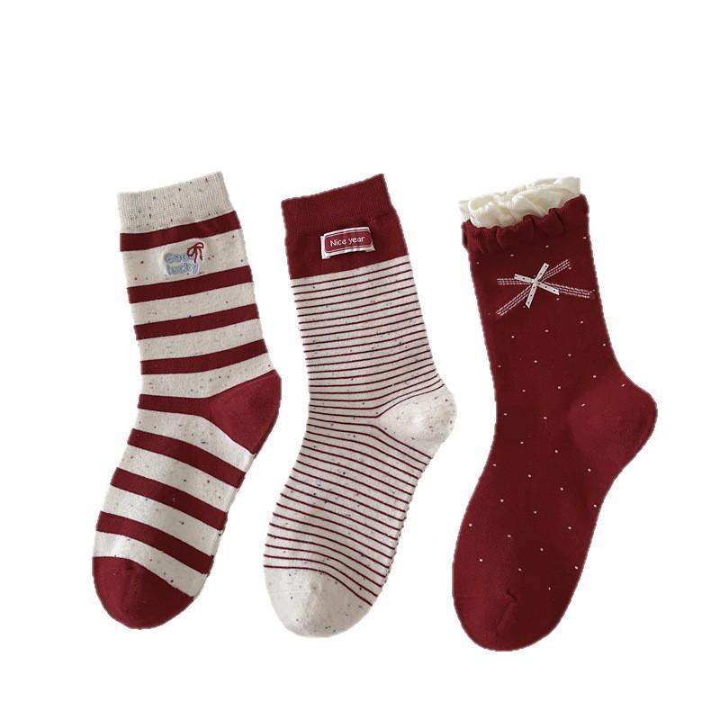 Red Socks, Women's Socks, Bow, Striped Mid-calf Socks, Big Red Socks, New Year Socks, Boneless Combed Cotton Socks