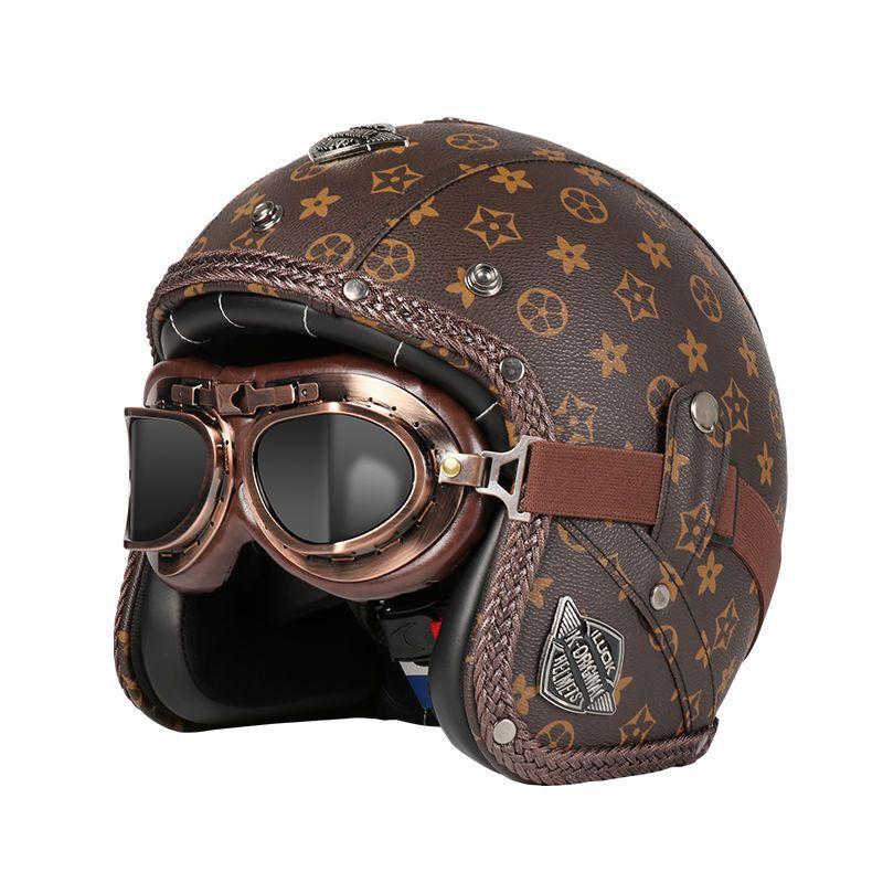Retro Helmet Electric Motorcycle Leather Helmet Summer Pedal Cruise Motorcycle Harley Men and Women Three Quarter Helmet Half Helmet