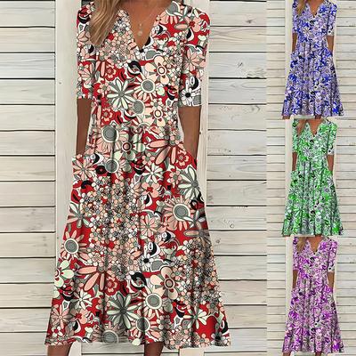 Γυναικείο φόρεμα μίντι με μανίκι τρία τέταρτα, λαιμόκοψη V, φαρδύ, με τύπωμα, κομψό