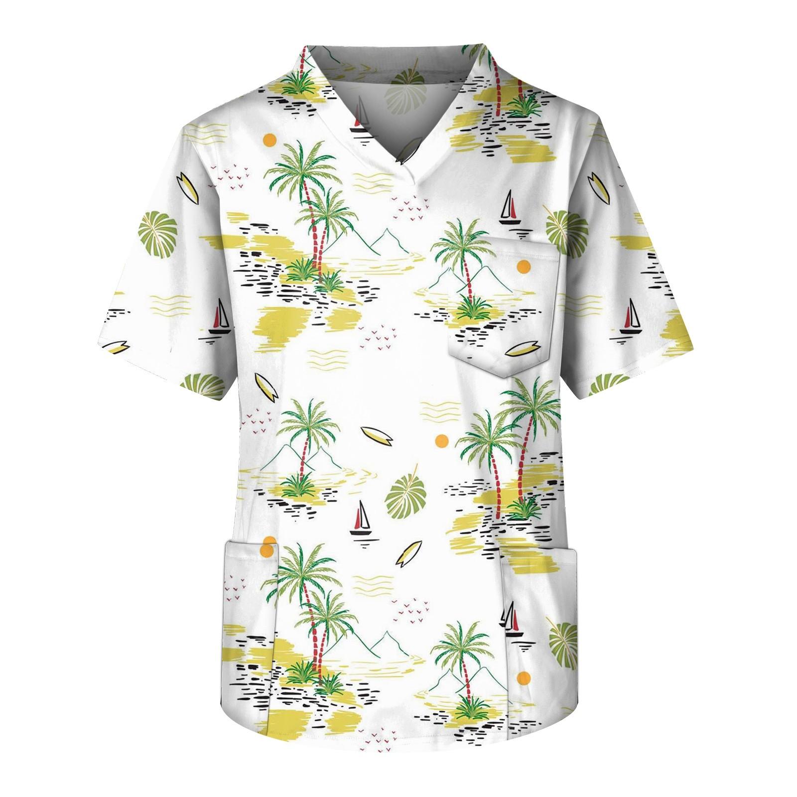 

Плюс размер Хэллоуин Печатный скраб Рабочая форма Топы для мужчин Крест V-образным вырезом с коротким рукавом Забавные футболки Спецодежда Футболка с карманами белый