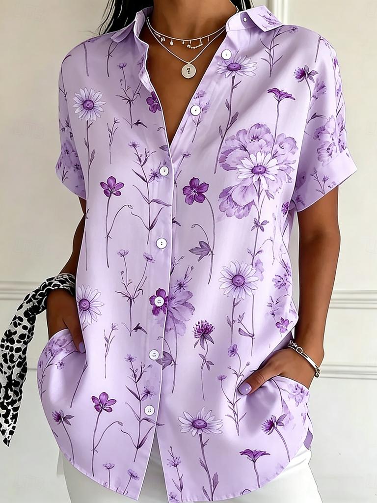 Women's Short Sleeve Watercolor Blue Floral Print Button Down Casual Shirt Elegant Daily Blouse Tops in Beige for Spring Summer
