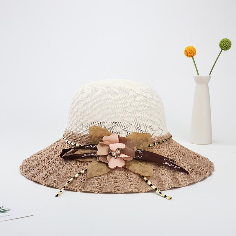 Straw Hat Women Summer Sunshade Wide Brim With Flower Pattern For Beach Vacation