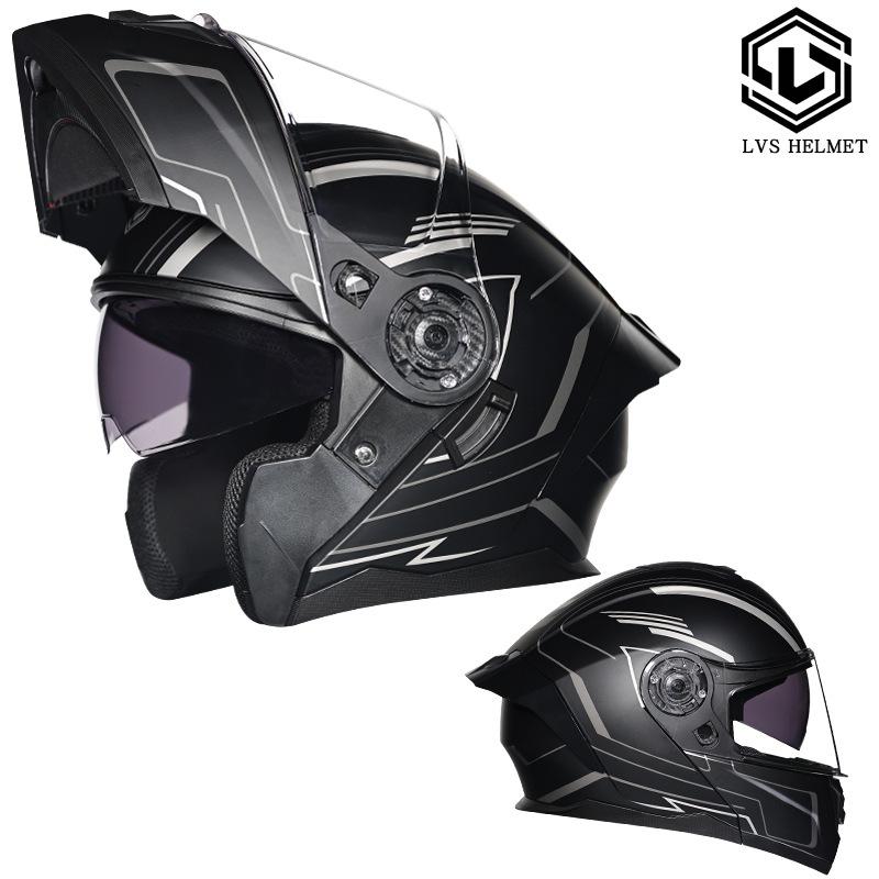 Motorcycle helmets Men's and women's face-off helmets Double mirror locomotive Bluetooth semi-full cover four seasons
