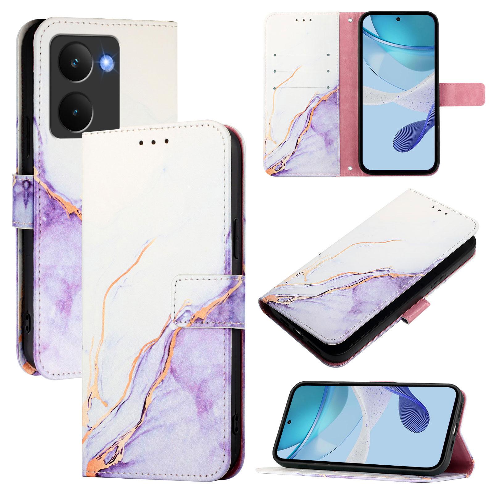 

For Realme P3 Ultra 5G Case with Strap Marble Pattern Leather Phone Cover Card Holder White/Purple LS006