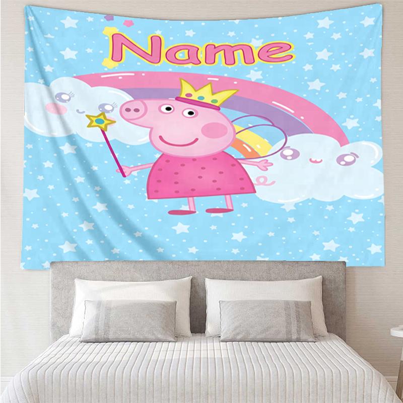 Custom Name Peppa Pig Print Tapestry, Backdrop, Easy Setup, Ideal for Bedroom, Office & Living Room, with Aesthetic Wall Hanging Decor.