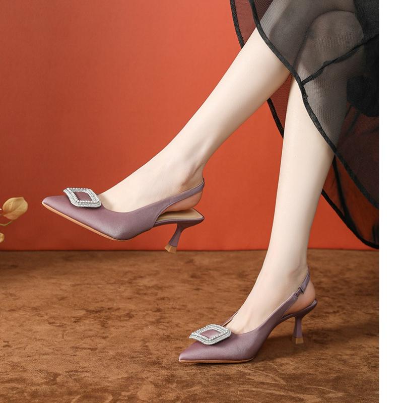 Women's Purple High Heels Stiletto Elastic Straps Open Back Pointed Toe Soft Sole White Sandals