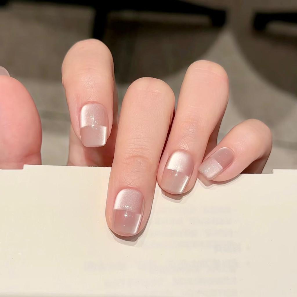 Handmade Press On Nail French Gentle High-end Pink Cat Eye Sparkling Short Square Fake Nail Patch Artificial Nail Reusable XS