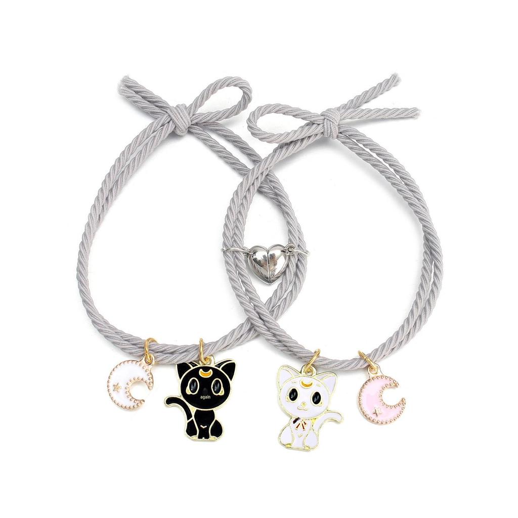 Love Magnet Black & White Cat Moon Pendant Couple Bracelet Set