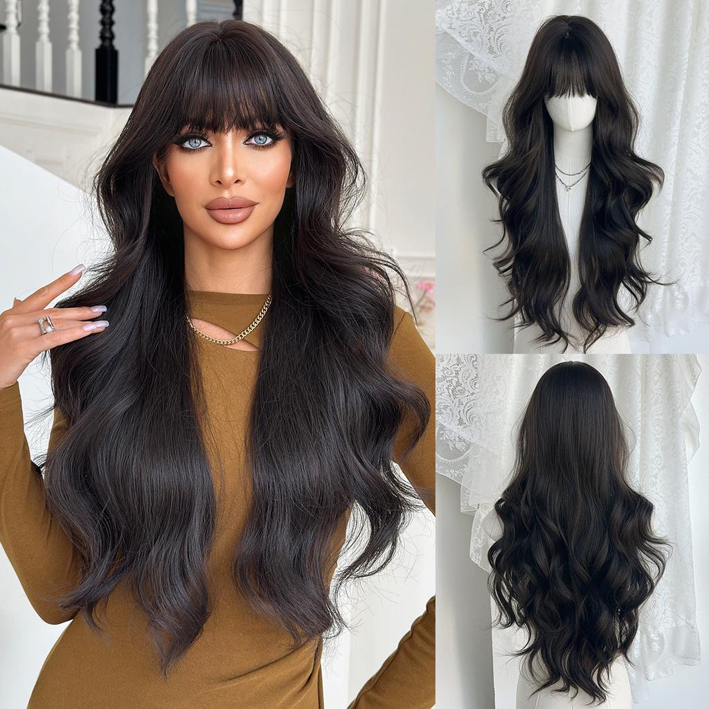 Women’s Natural Black Tea Brown Long Curly Wig with Blunt Bangs Full Wig for Daily Wear