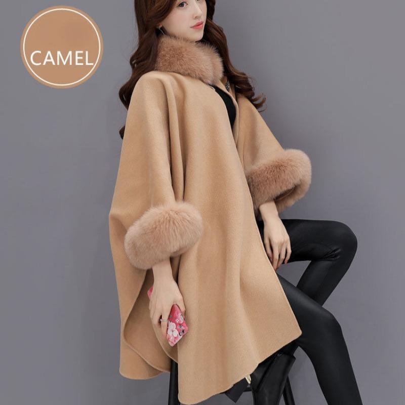 Autumn and Winter Women's Mid-length Large Fur Collar Cape Woolen Coat