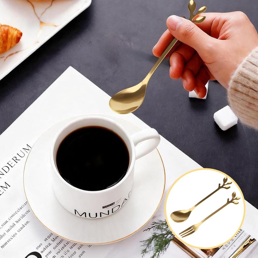 20 Pcs Gold Leaf Coffee Spoons and Forks Set, 4.7" Elegant Stainless Steel Mini Dessert Spoons and Forks for Stirring Mixing Tea, Espresso, Ice