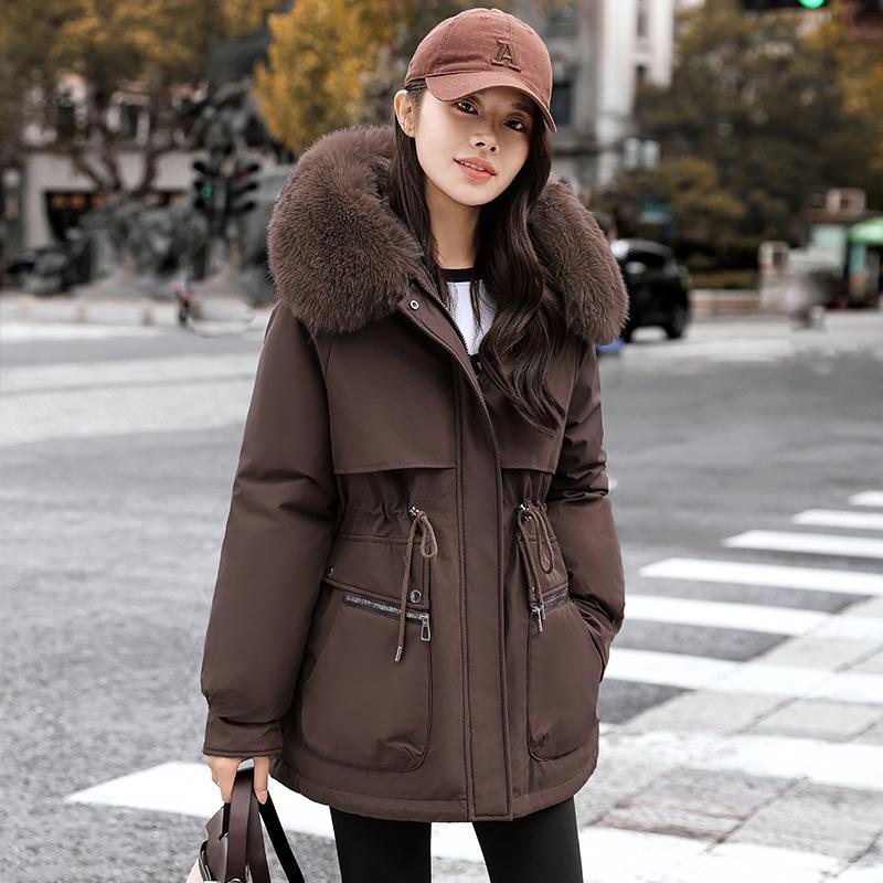 

Зимняя куртка с капюшоном на бархатной подкладке 2024 - Плотное, свободное, укороченное хлопковое пальто L темный кофе