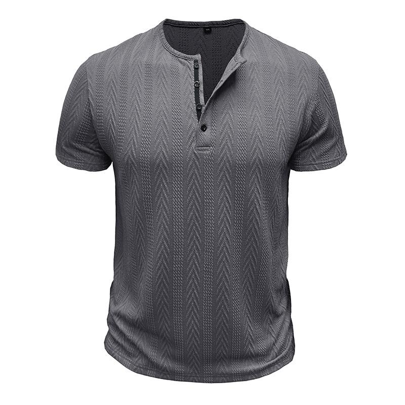 Mens Summer Short Sleeve Knitted Henley Shirt Striped Casual Tee