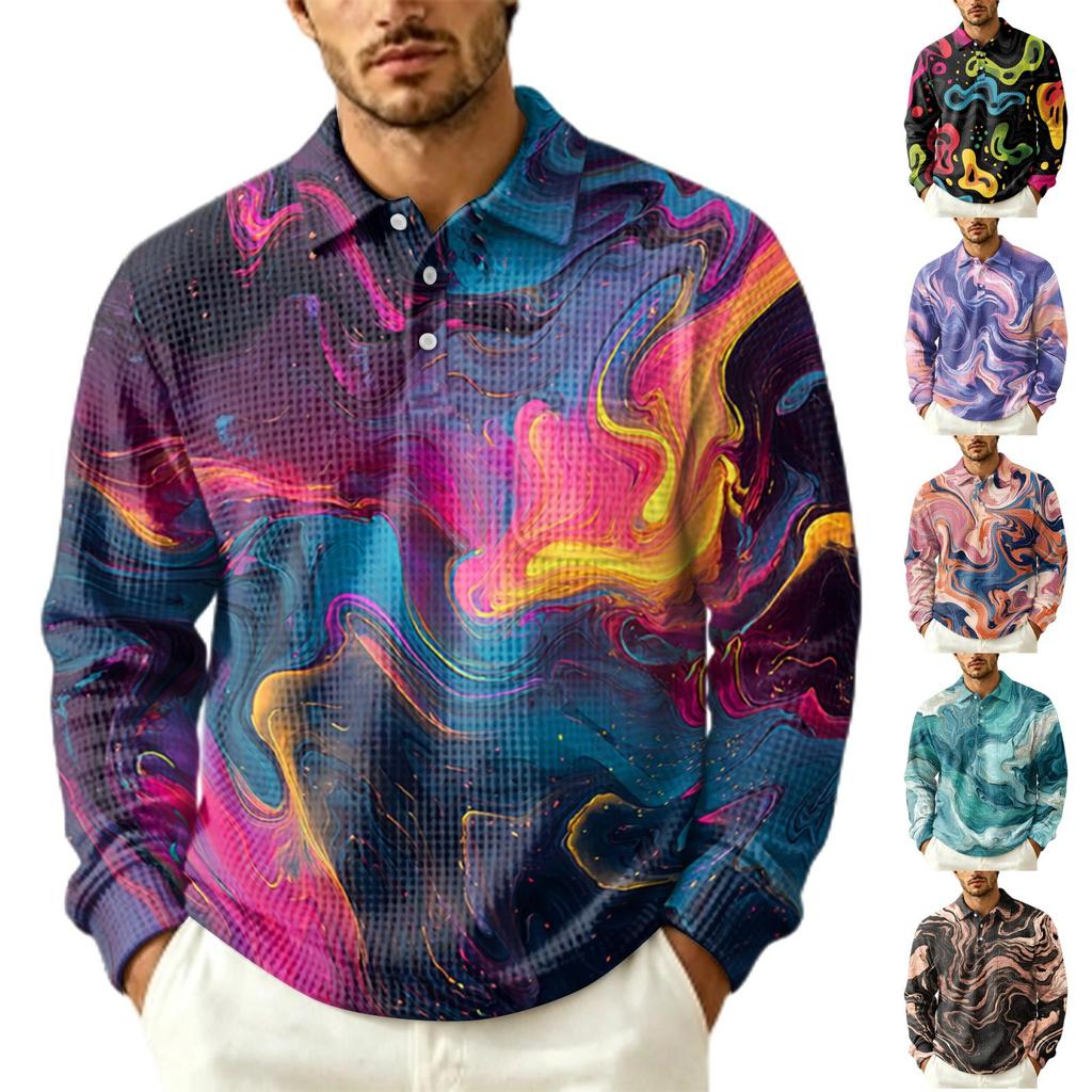 Men's Pullover Long Sleeve Top with Collar and Pocket, Fall Outdoor Casual Printed Shirt